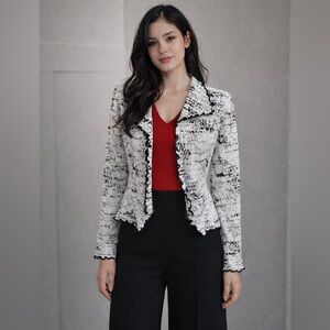 Joseph Ribkoff Black White Jacket Zip up Ruffle Trim size US 4
